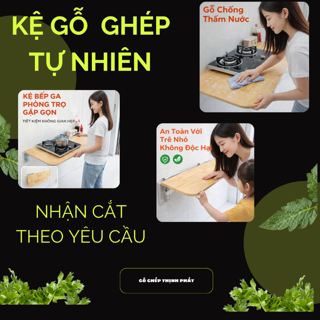 Kệ Gỗ Ghép Cao Su Chống Nước –Mặt Gỗ Dày Bo Góc An Toàn –Kệ Gia Vị, Kệ Sách, Kệ Trang Trí Treo Tường