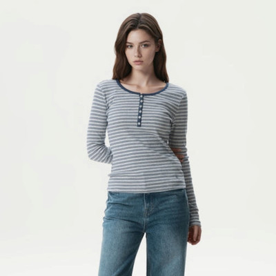 Áo Thun WHO.A.U Ribbed Henry Neck Long Sleeve T-shirt_WHLAG2322F