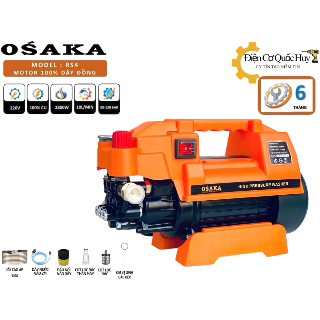 Máy rửa xe Osaka RS4 Lổi đồng 100% công suất 2800w có chỉnh áp thế hệ mới tặng bình xịt bot tuyết ốn