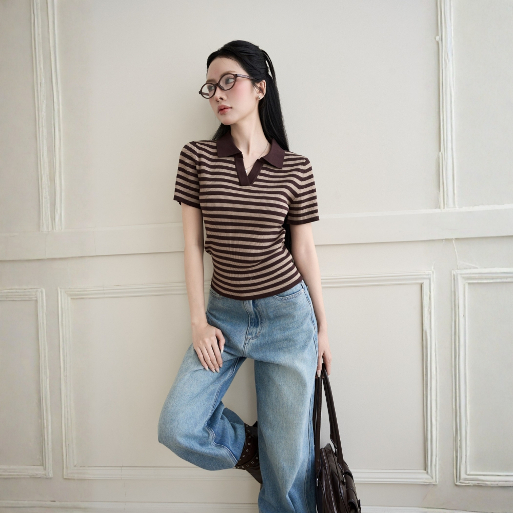 TUBYCATU Áo Polo Sọc Nâu Carmel Line Cổ Điển Thanh Lịch