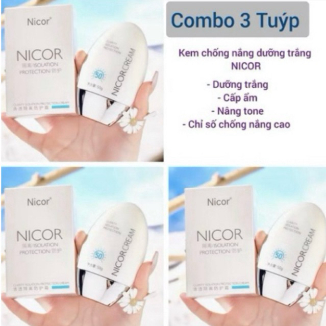 Combo 3 tuýp Kem chống nắng dưỡng trắng nâng tone da Nicor Cream  SPF 50+