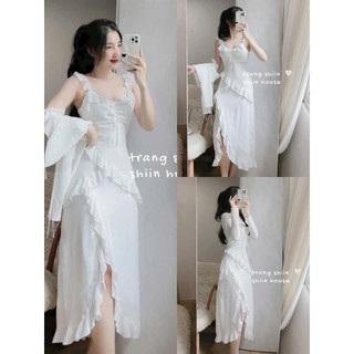 Đầm nữ thời trang mặc đi chơi chất lụa 2 lớp cao cấp hai dây bèo váy maxi phối ren xẻ tà kèm áo khoác xốp nhung tay dài