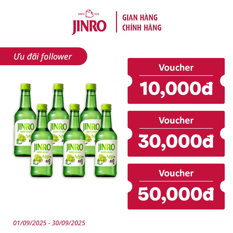 [CHÍNH HÃNG][HỎA TỐC 24H] Soju Hàn Quốc JINRO VỊ NHO - Combo 6 chai 360ML 13%