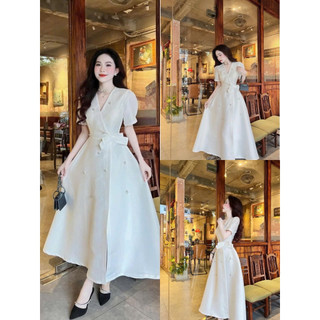 Đầm nữ dự tiệc thời trang chất Tapta đính cườm cổ V tay ngắn phối nơ eo váy maxi dáng xoè xinh xắn