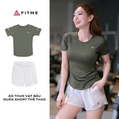 Bộ đồ thể thao nữ Fitme áo thun vạt bầu Xanh Rêu, quần short 2 lớp năng động thấm hút tốt hỗ trợ tập gym,pickleball