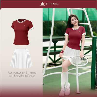 Bộ đồ Pickleball, cầu lông, tennis nữ Fitme GR áo thun thoáng khí Đỏ, chân váy xếp ly Trắng kèm quần bảo hộ