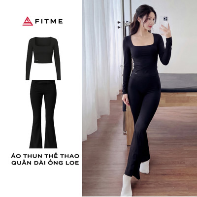 Bộ đồ tập gym pilates yoga nữ Fitme BLOOM áo thun dài tay, quần ống loe đen tôn dáng thoáng khí thấm hút mồ hôi
