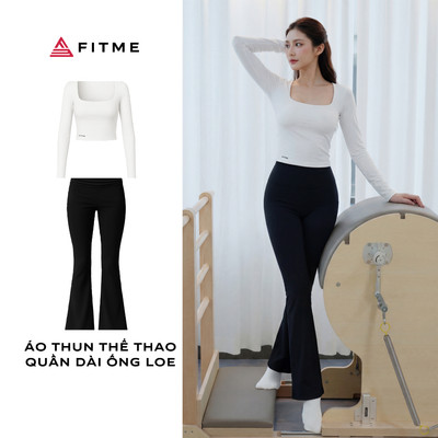 Bộ đồ tập gym pilates yoga nữ Fitme BLOOM áo thun dài tay, quần ống loe đen tôn dáng thoáng khí thấm hút mồ hôi