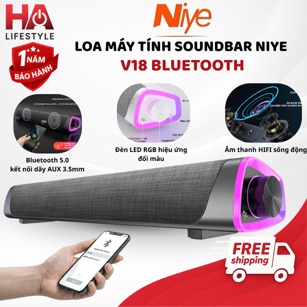 Loa Máy Tính Soundbar Niye V8 Bluetooth  - Loa Thanh Gaming Led RGB, Bass Cực Mạnh, Âm Thanh HIFI Ch
