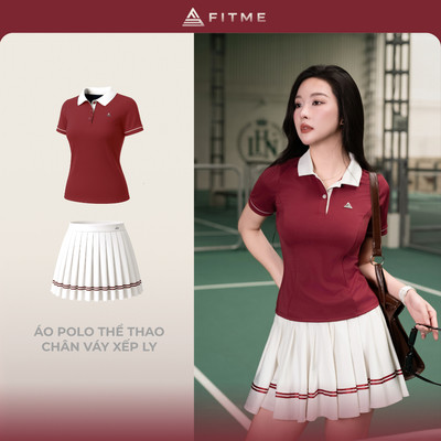 Bộ đồ Pickleball, cầu lông, tennis nữ Fitme GR áo polo tôn dáng Đỏ, chân váy xếp ly Trắng kèm quần bảo hộ