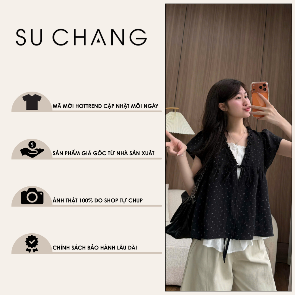 Áo Babydoll Viền Bèo Cộc Tay Hoa Nhí Nơ Ngực Phối Ren Boi Trắng A874 Su Chang Thời Trang Nữ | BigBuy360 - bigbuy360.vn