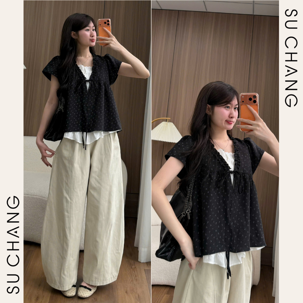 Áo Babydoll Viền Bèo Cộc Tay Hoa Nhí Nơ Ngực Phối Ren Boi Trắng A874 Su Chang Thời Trang Nữ | BigBuy360 - bigbuy360.vn
