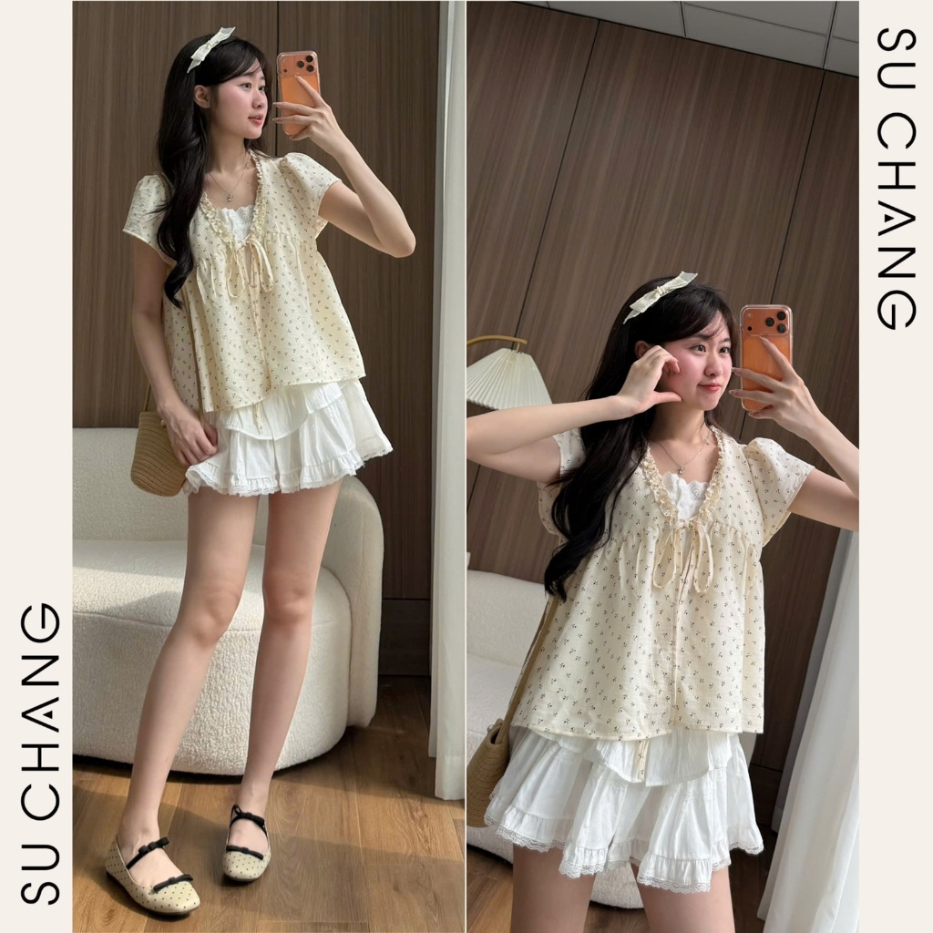Áo Babydoll Viền Bèo Cộc Tay Hoa Nhí Nơ Ngực Phối Ren Boi Trắng A874 Su Chang Thời Trang Nữ | BigBuy360 - bigbuy360.vn