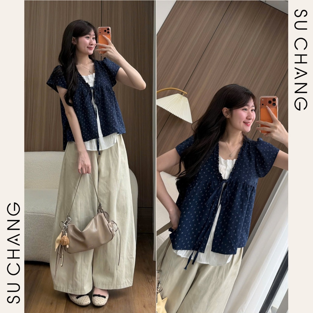 Áo Babydoll Viền Bèo Cộc Tay Hoa Nhí Nơ Ngực Phối Ren Boi Trắng A874 Su Chang Thời Trang Nữ | BigBuy360 - bigbuy360.vn