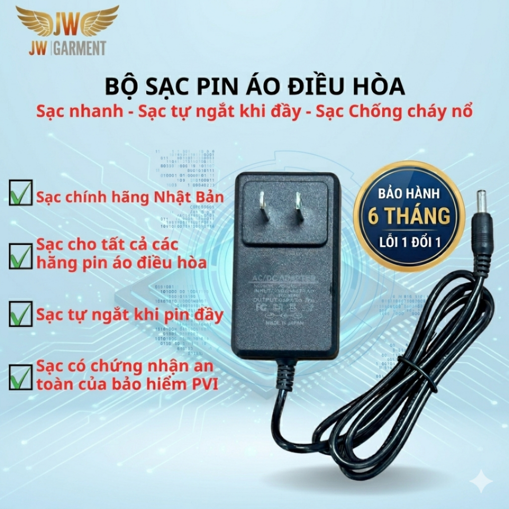 (Bảo Hành 6 Tháng) Sạc Pin Các Loại Áo Điều Hòa Chính Hãng JW Garment Chính Hãng, Sạc Nhanh, Chống N