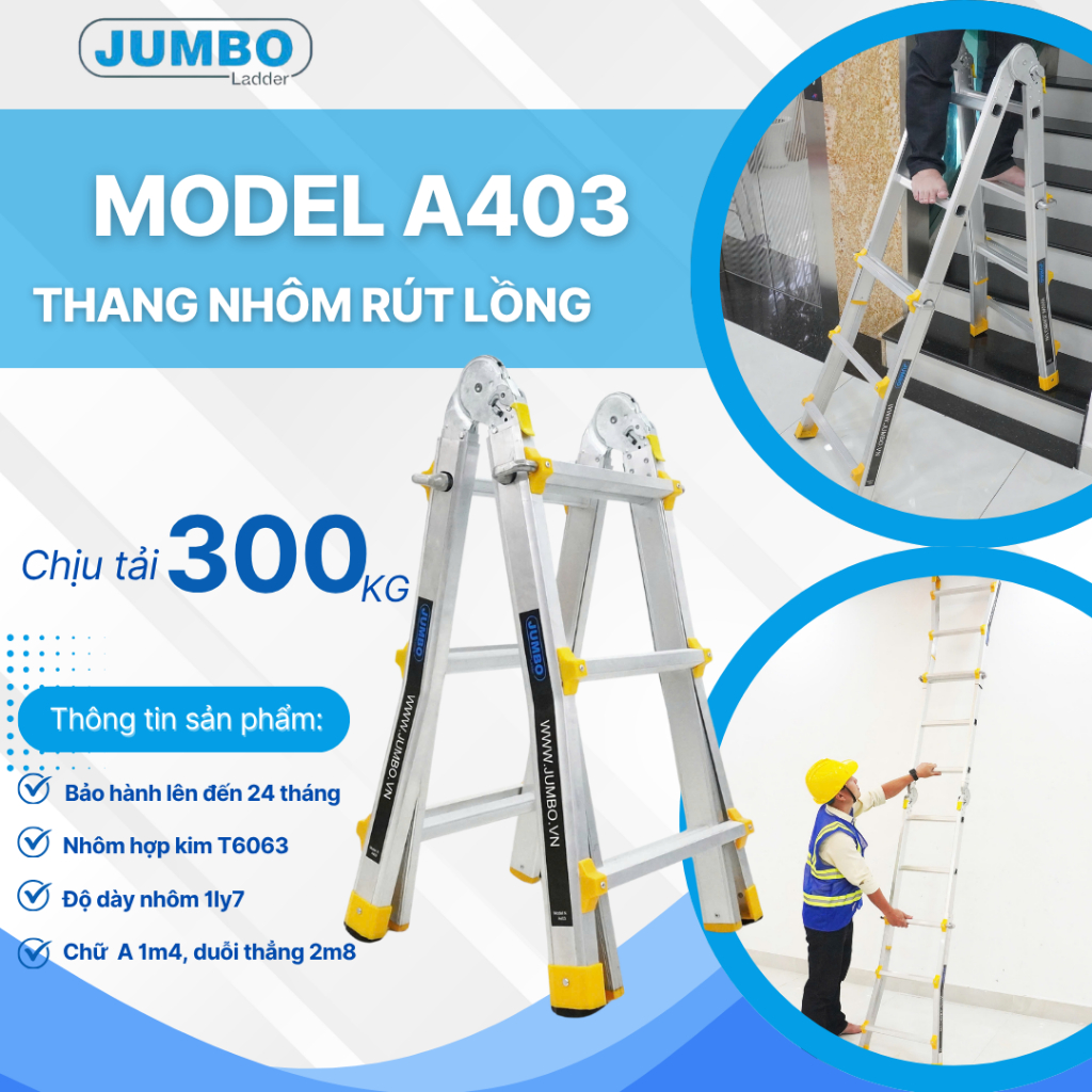 JUMBO Thang Nhôm Rút Lồng A403, Chữ A Cao 1.4m, Chữ I Cao 2.8M, Tải Trọng 300kg