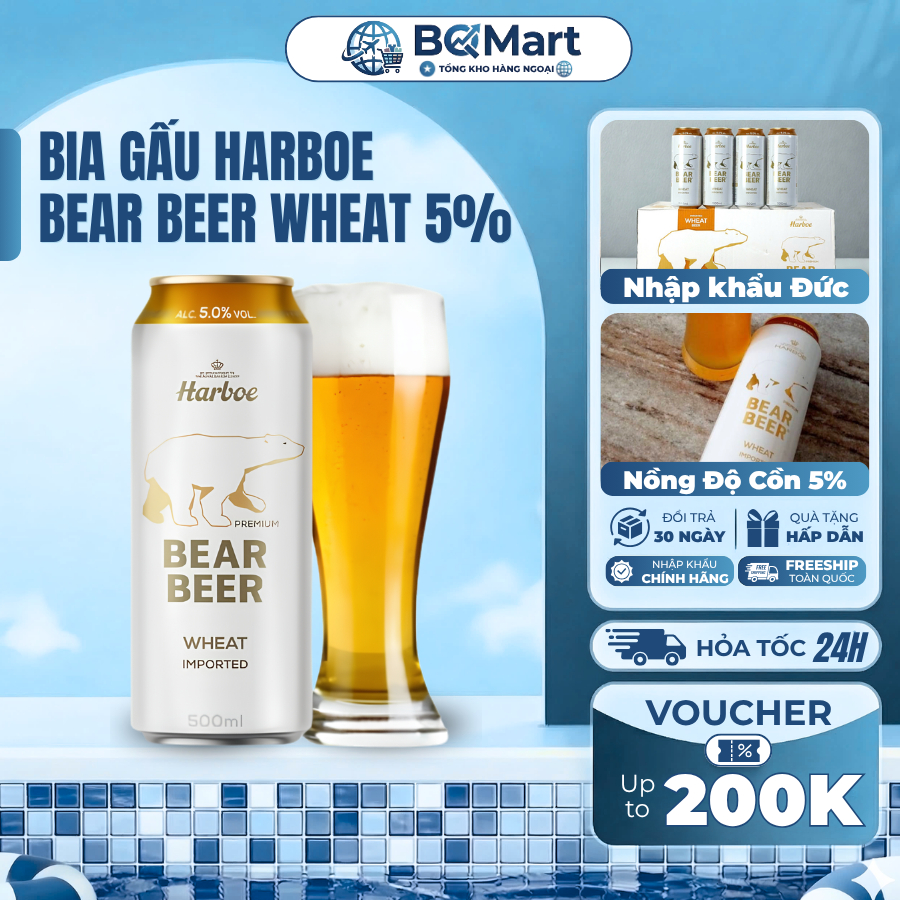 Bia Lon, Bia Harboe Bear Beer Wheat 5% Nhập Khẩu Đan Mạch Lon 500ml Lúa Mì Thơm Ngon Êm Dịu Dễ Uống