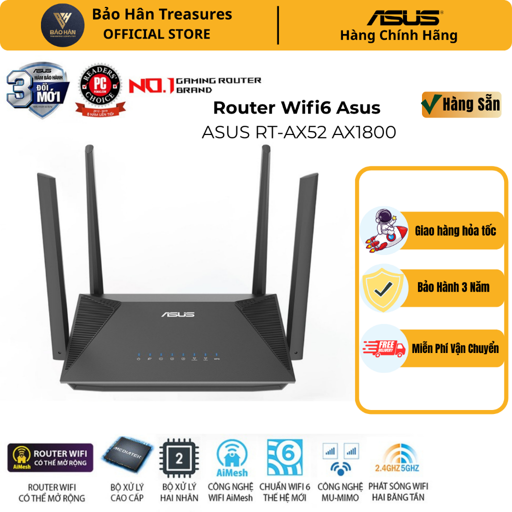 Router WIFI 6 ASUS RT-AX52 AX1800 Dual Band (Router WiFi có thể mở rộng) - Hàng Chính Hãng