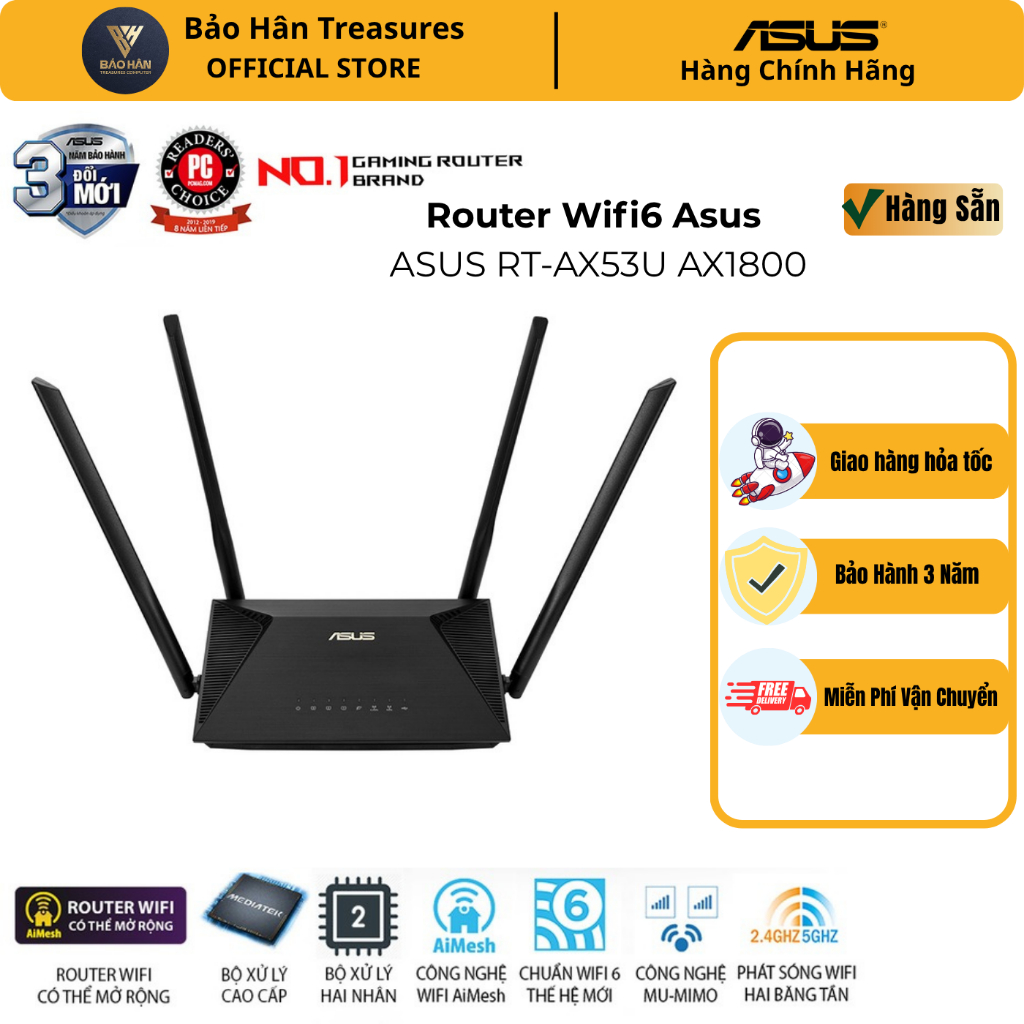 Router Wifi6 Asus RT-AX53U Chuẩn AX1800 Dual Band WiFi 6 (router WiFi có thể mở rộng) - Hàng Chính H