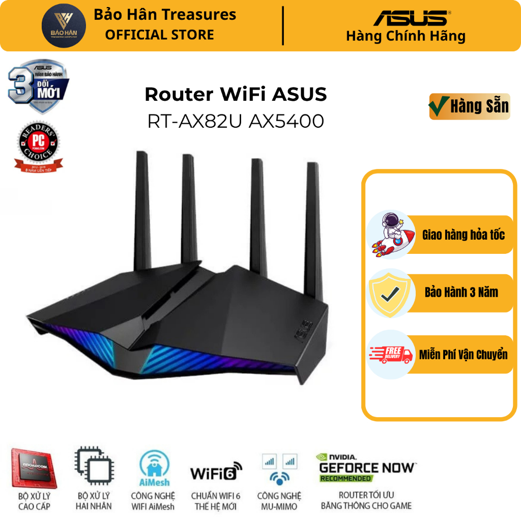 Router Wifi 6(802.11ax) ASUS AURA RGB RT-AX82U Hai Băng Tần, Chuẩn AX5400 (router WiFi có thể mở rộn