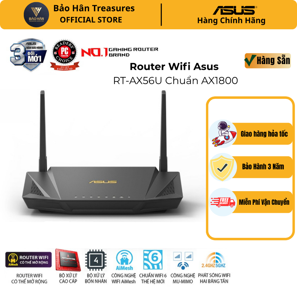 Router Wifi Asus RT-AX56U Chuẩn AX1800 Dual Band WiFi 6  (router WiFi có thể mở rộng) - Hàng Chính H