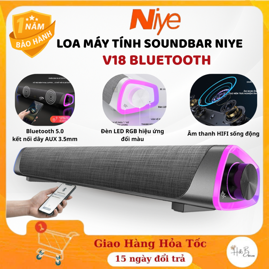 Loa Máy Tính Soundbar Niye V8 Bluetooth  - Loa Thanh Gaming Led RGB, Bass Cực Mạnh, Âm Thanh HIFI Ch
