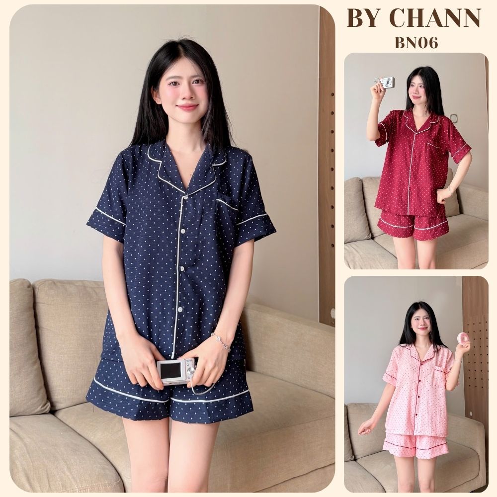 Bộ Đồ Ngủ Pyjamas BY CHANN (BN06) họa tiết chấm bi áo cộc quần cộc chất liệu đũi mềm có bigsize đến 