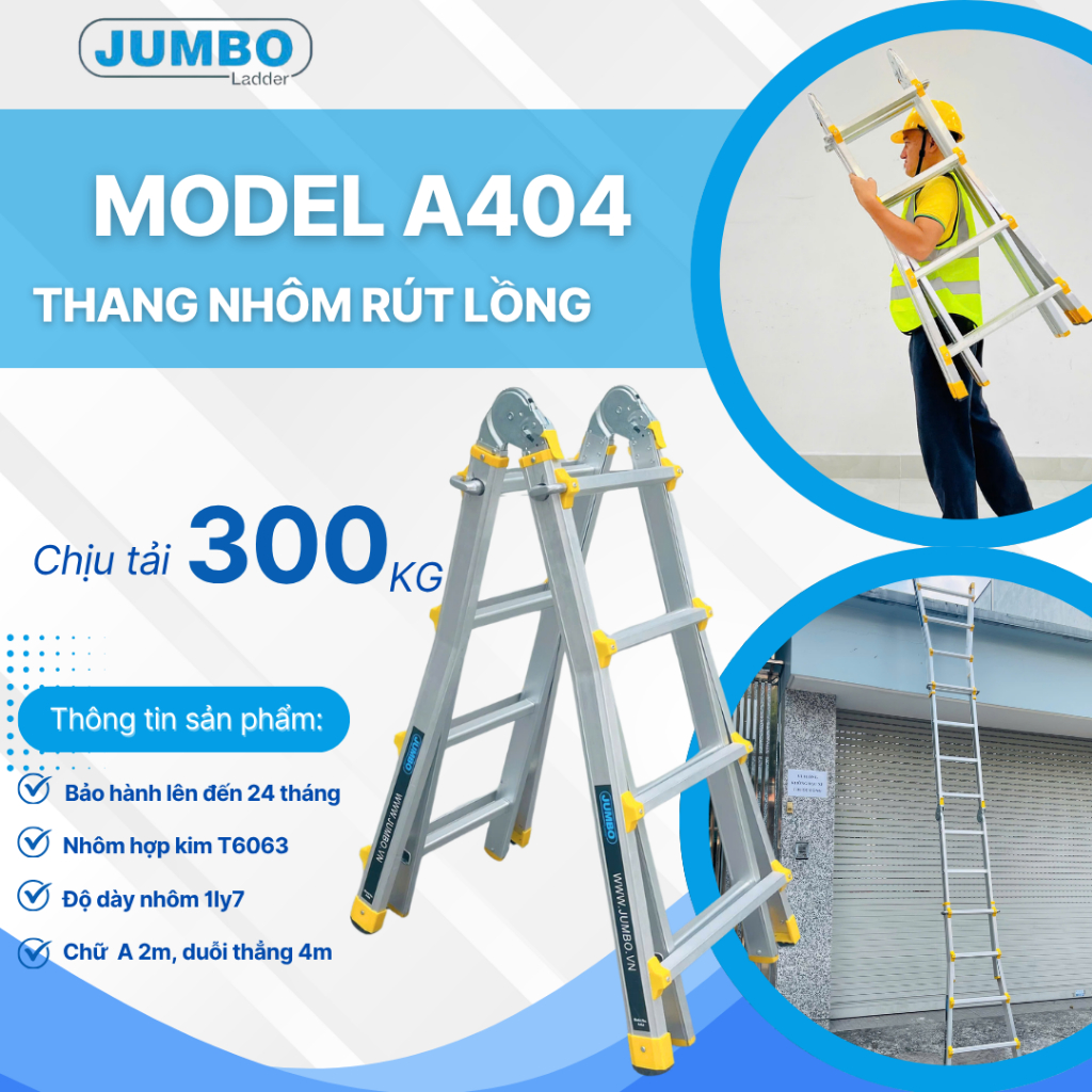 JUMBO Thang Nhôm Rút Lồng A404, Chữ A Cao 2M, Chữ I Cao 4M, Tải Trọng 300kg, Bảo Hành 24 Tháng
