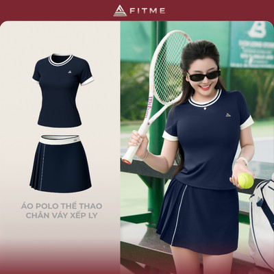 Bộ đồ Pickleball, cầu lông, tennis nữ Fitme GR áo thun thoáng khí, chân váy xếp ly Navy kèm quần bảo hộ