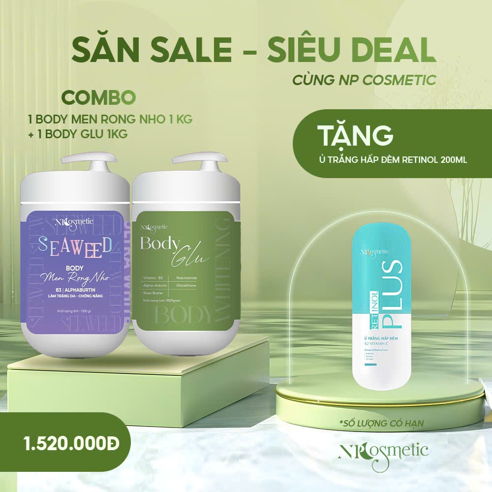 (TẶNG Ủ ĐÊM RETINOL) COMBO KEM BODY MEN RONG NHO & BODY ĐÊM GLU SIZE 1KG KÍCH TRẮNG, MAKEUP, MỜ THÂM