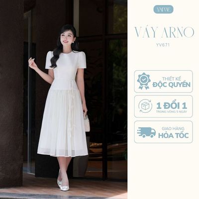 Váy Nữ Dáng Xòe YAME Ngắn Tay Vải Chéo Phối Tơ Cổ Tròn Kèm Dây Đai Hoa YV715