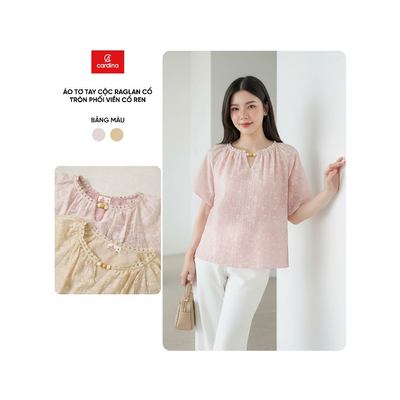 Áo kiểu nữ CARDINA chất tơ mềm tay cộc raglan cổ tròn phối viền ren 6AKC10