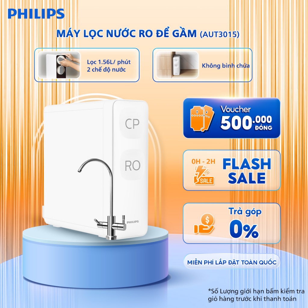 [Miễn phí lắp đặt] Máy lọc nước tủ bếp RO Philips AUT3015 - 02 chế độ nước - nhỏ gọn công suất 94L/h