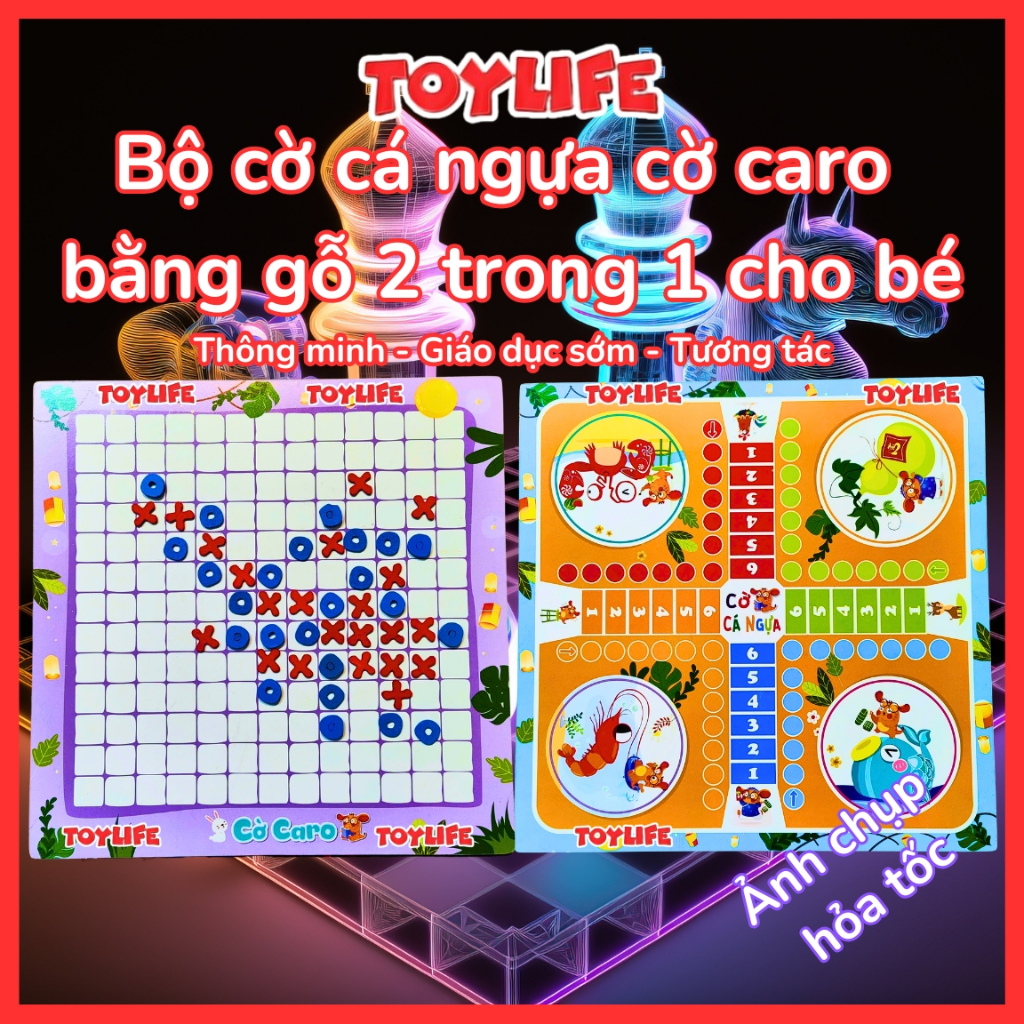 Bộ cờ cá ngựa cờ caro bằng gỗ 2 trong 1 cao cấp cho bé cờ ca rô cờ cá ngựa cờ luyện trí nhớ trẻ em T