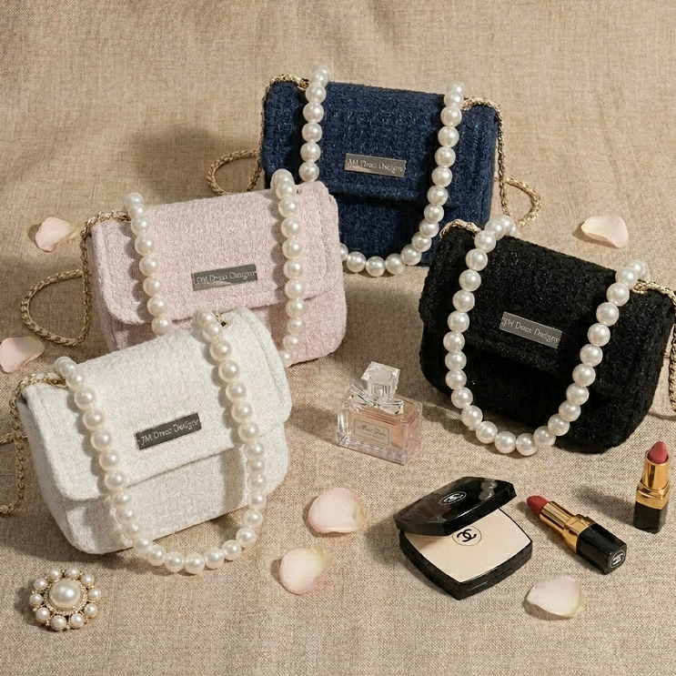 Túi Xách Nữ Tweed Đính Ngọc Trai Thanh Lịch Mini Bag JM QT2308.2310TW. Túi Dự Tiệc, Đi Chơi Sang Chả