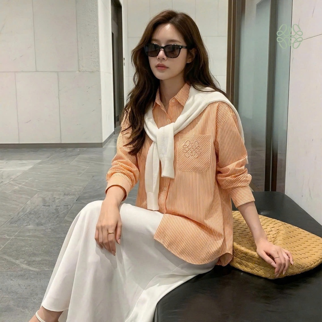 Áo sơ mi nữ form rộng sọc kẻ cam JOY che khuyết điểm, áo khoác sơ mi mỏng nhẹ đi học, đi chơi cho dân văn phòng