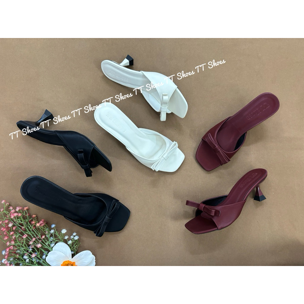dép cao gót nhọn 5cm đính nơ lụa TT Shoes dep5pnolua
