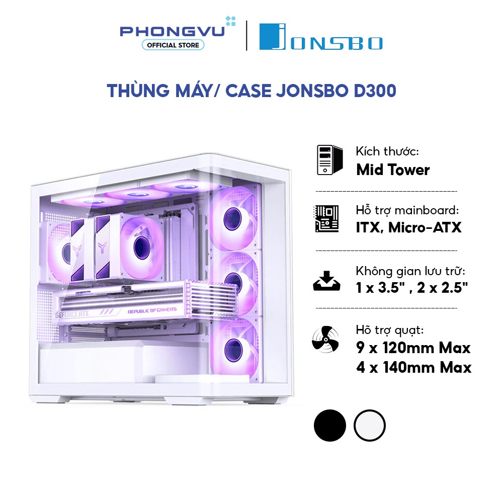 Case máy tính Jonsbo D300 (Black/White) - Micro-ATX - Hỗ trợ Rad 360mm - Bảo hành 12 tháng