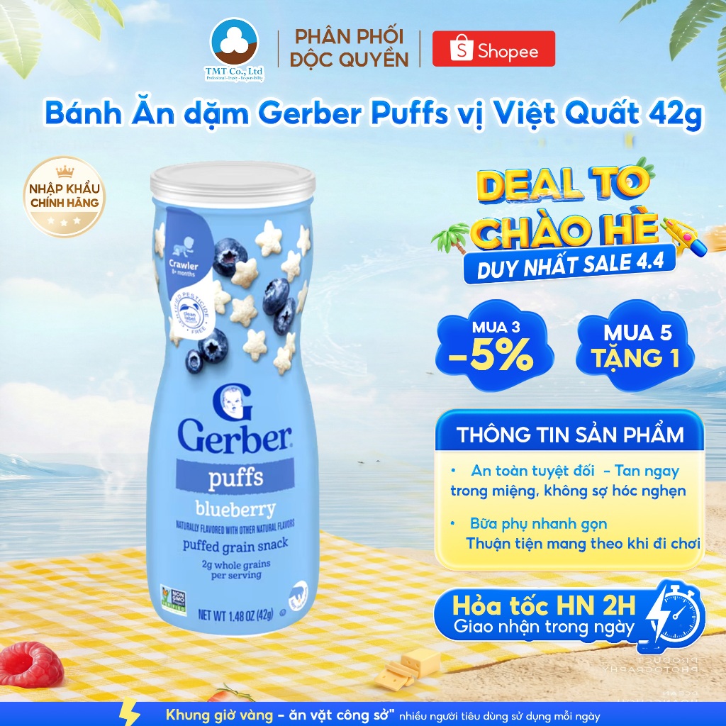 [Hà Nội] Bánh Ăn Dặm GERBER Puffs vị việt quất, NHẬP KHẨU CHÍNH HÃNG