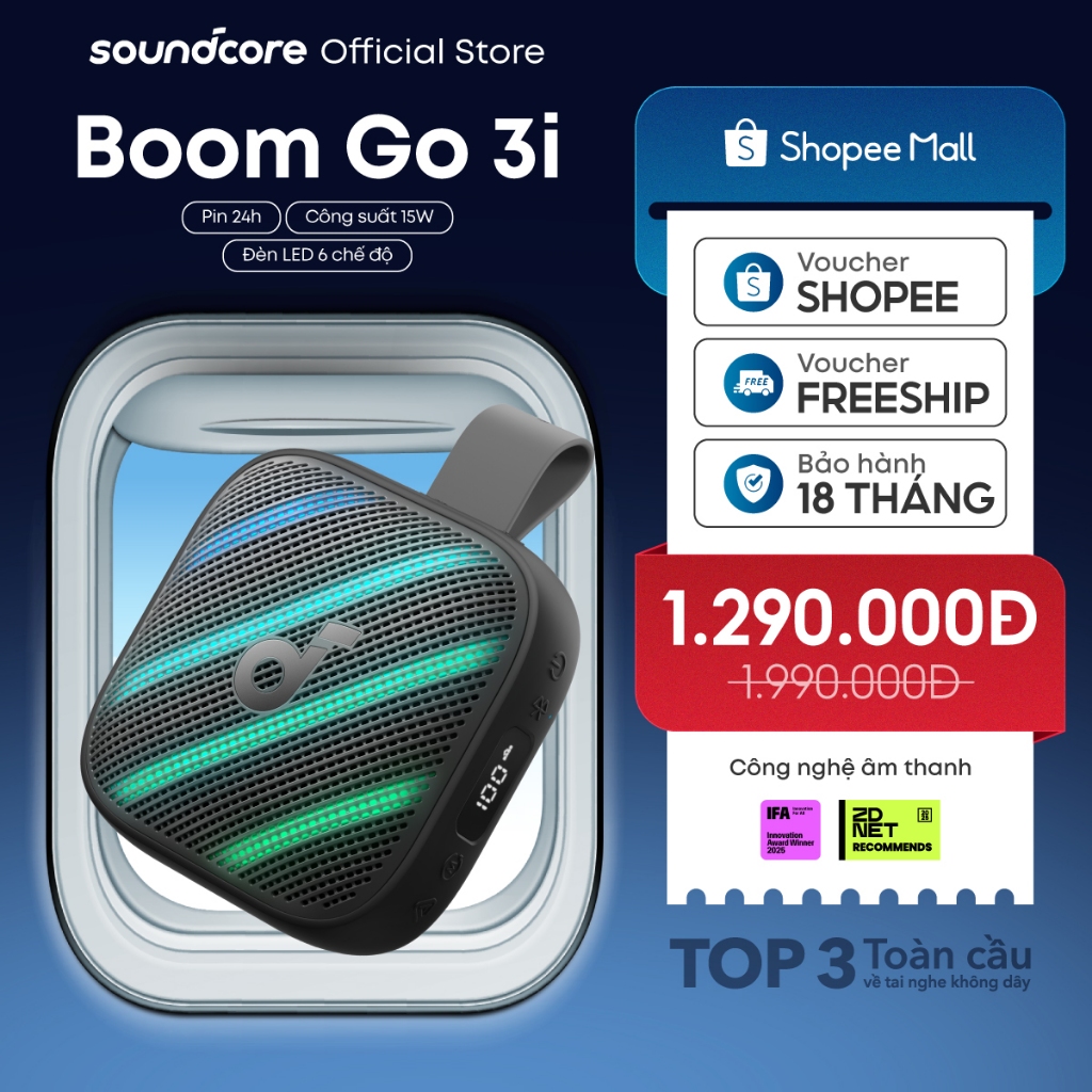 Loa bluetooth Soundcore Boom Go 3i | Pin 24h | Công suất 15W | Đèn LED 6 chế độ