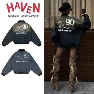 Áo Khoác Bomber Jeans Haven Studio Form Rộng Vải Jean Wash Nam Nữ Phong Cách Streetwear