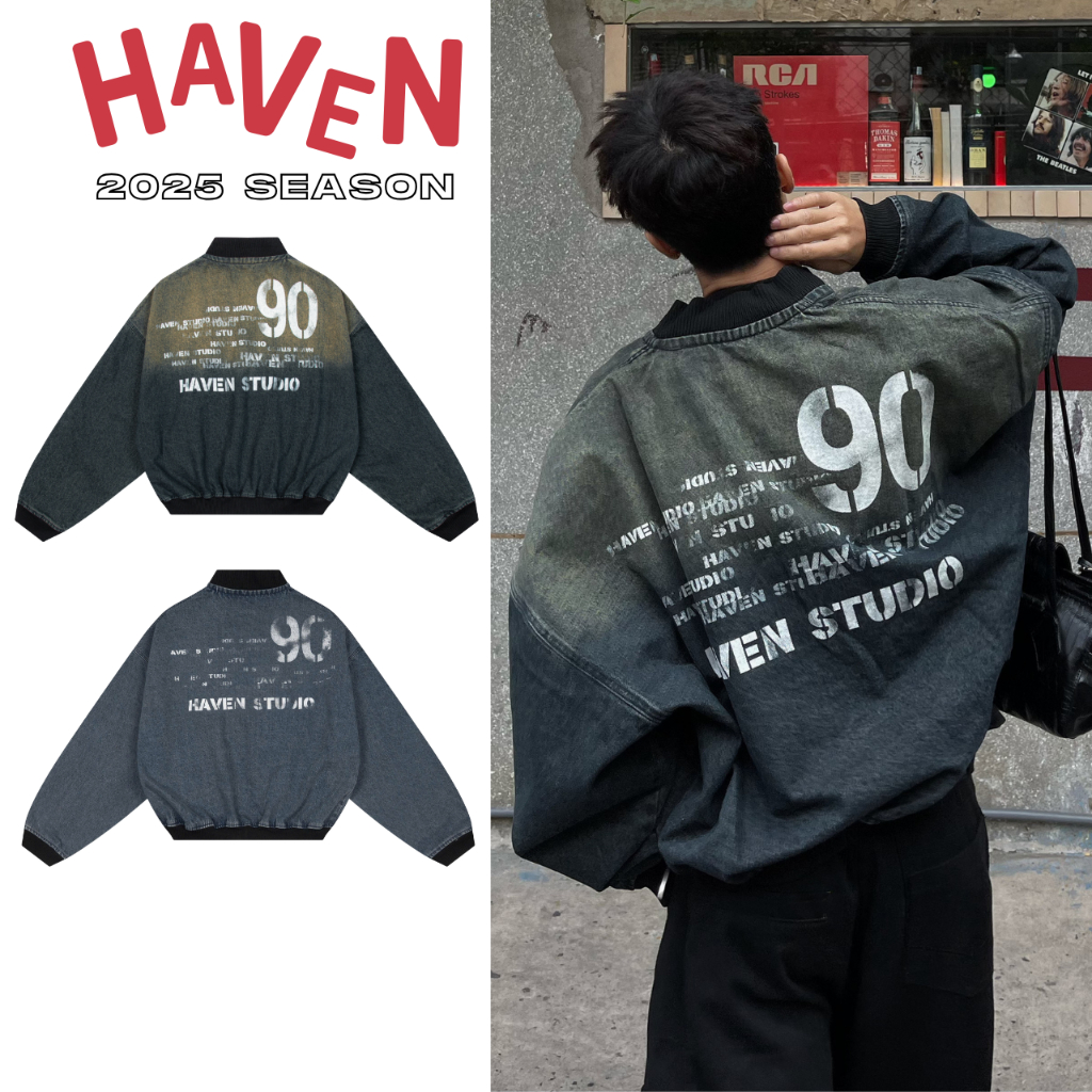 Áo Khoác Bomber Jeans Haven Studio Form Rộng Chất Jean Wash Nam Nữ Phong Cách Streetwear Có 3 Màu