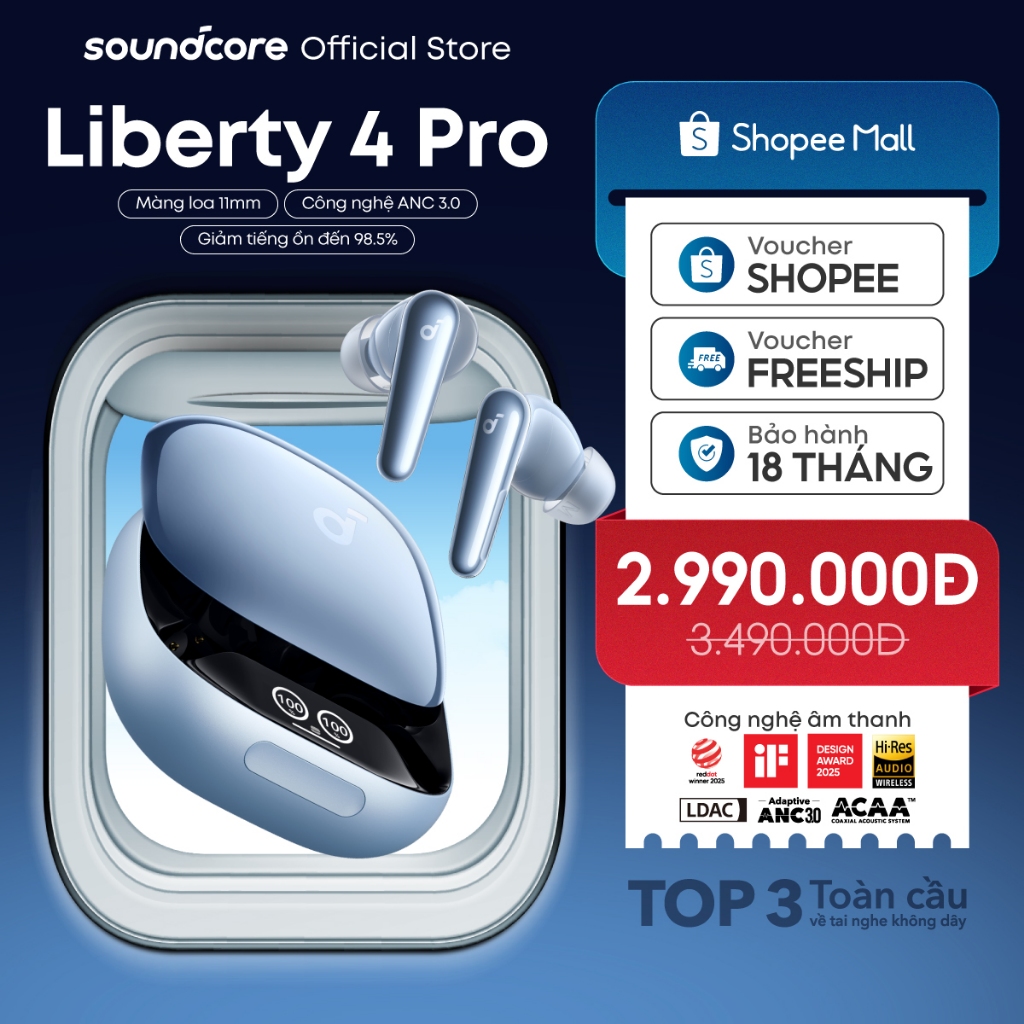Tai nghe bluetooth soundcore Liberty 4 Pro | Chống ồn ANC 3.0 | Màn hình cảm ứng | Tích hợp phiên dịch