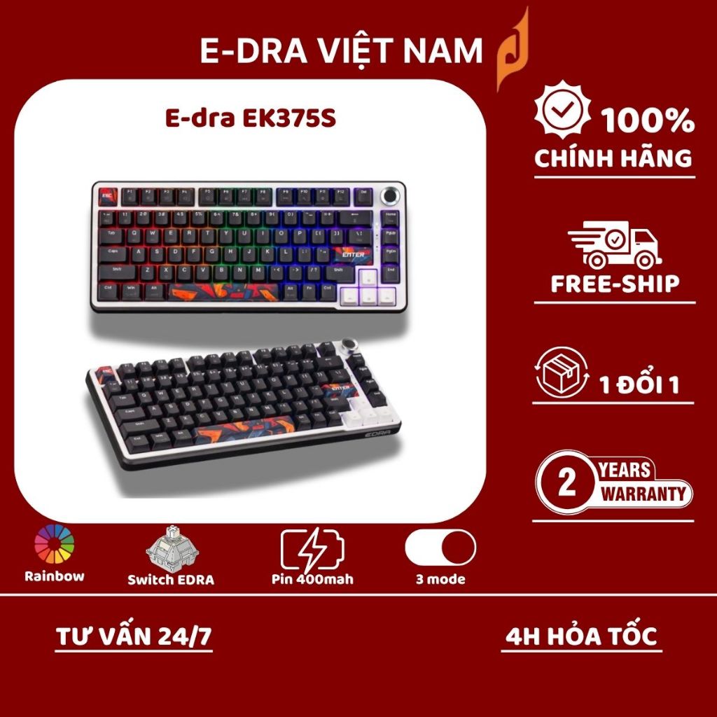 [RẺ VÔ ĐỊCH] Bàn phím cơ gaming E-DRA EK375S, EK368S, EK398S Núm vặn, 3 mode, EK375V2 có dây. BH chí