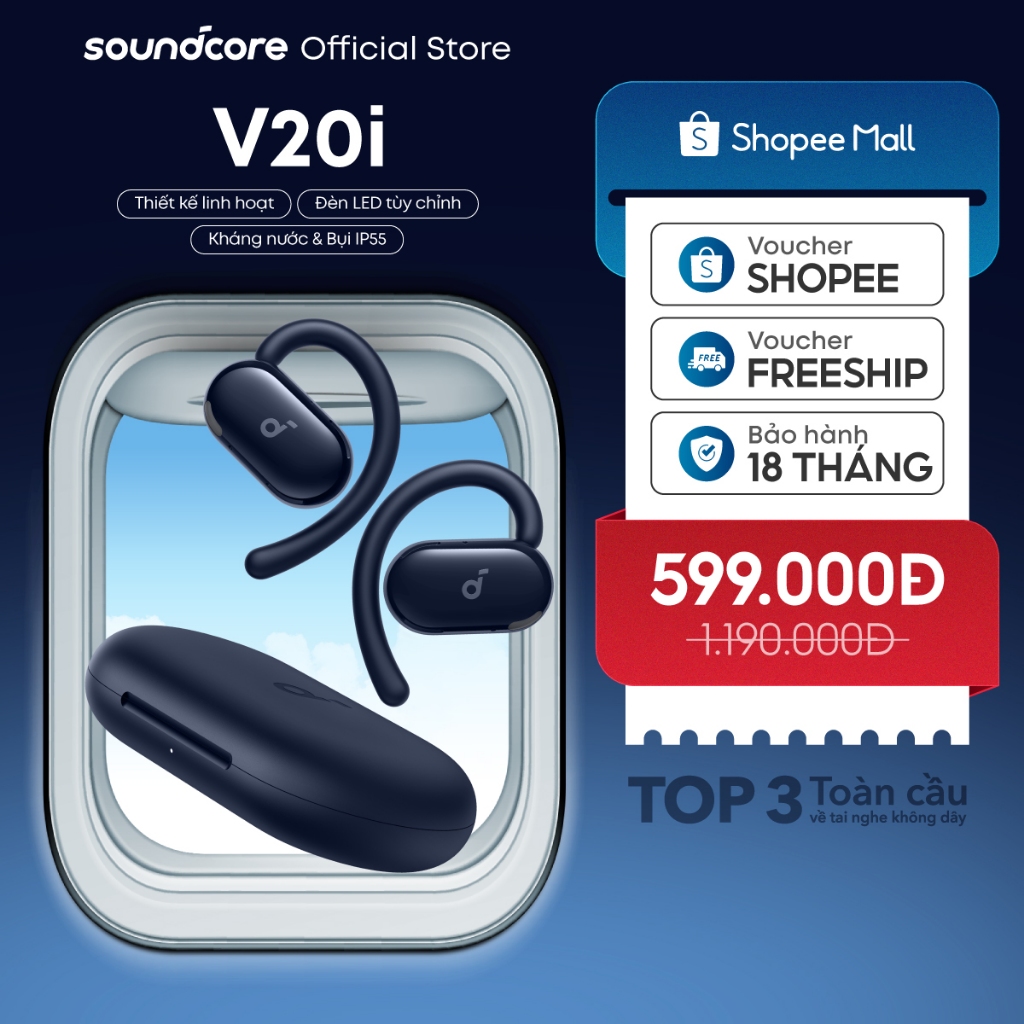 Tai nghe bluetooth Open-Ear soundcore V20i thiết kế mở | Siêu gọn nhẹ | Chống nước và bụi IP55 | Tích hợp phiên dịch