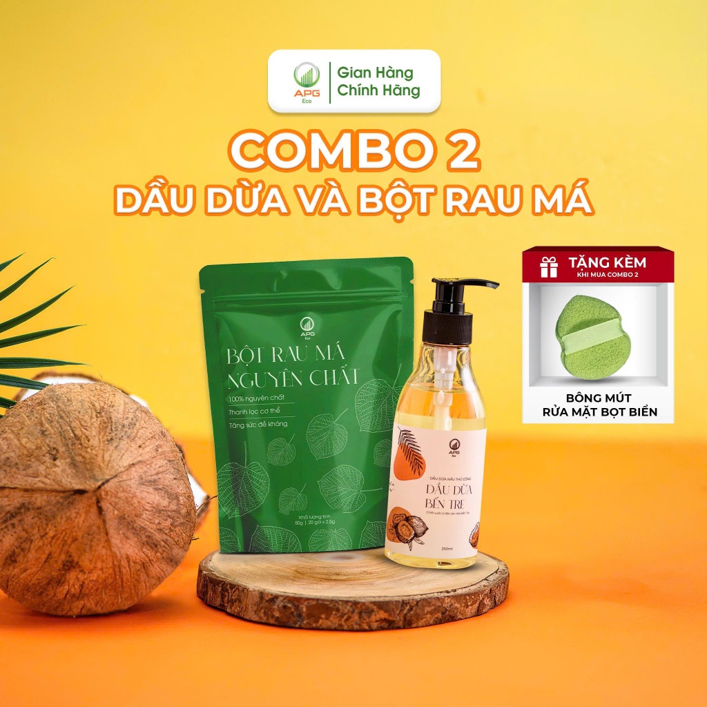 Combo Bột Rau Má Nguyên Chất và Dầu Dừa Nấu Thủ Công APG ECO Chiết Xuất Từ Đặc Sản Bến Tre Chai 250M