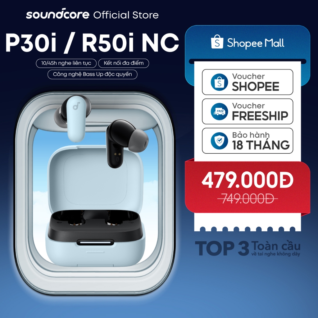 Tai nghe bluetooth soundcore R50i NC (P30i) chống ồn ANC | Chống nước và bụi IP54 |40 giờ phát nhạc |Tích hợp phiên dịch