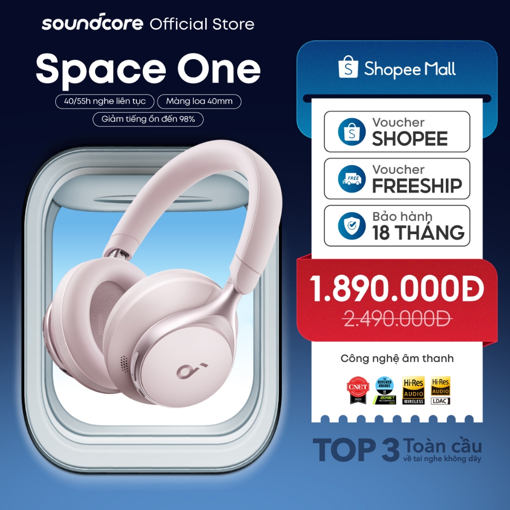 Tai nghe không dây chụp tai soundcore Space One | Âm thanh Hi-res | Giảm ồn 98% | 55h phát nhạc