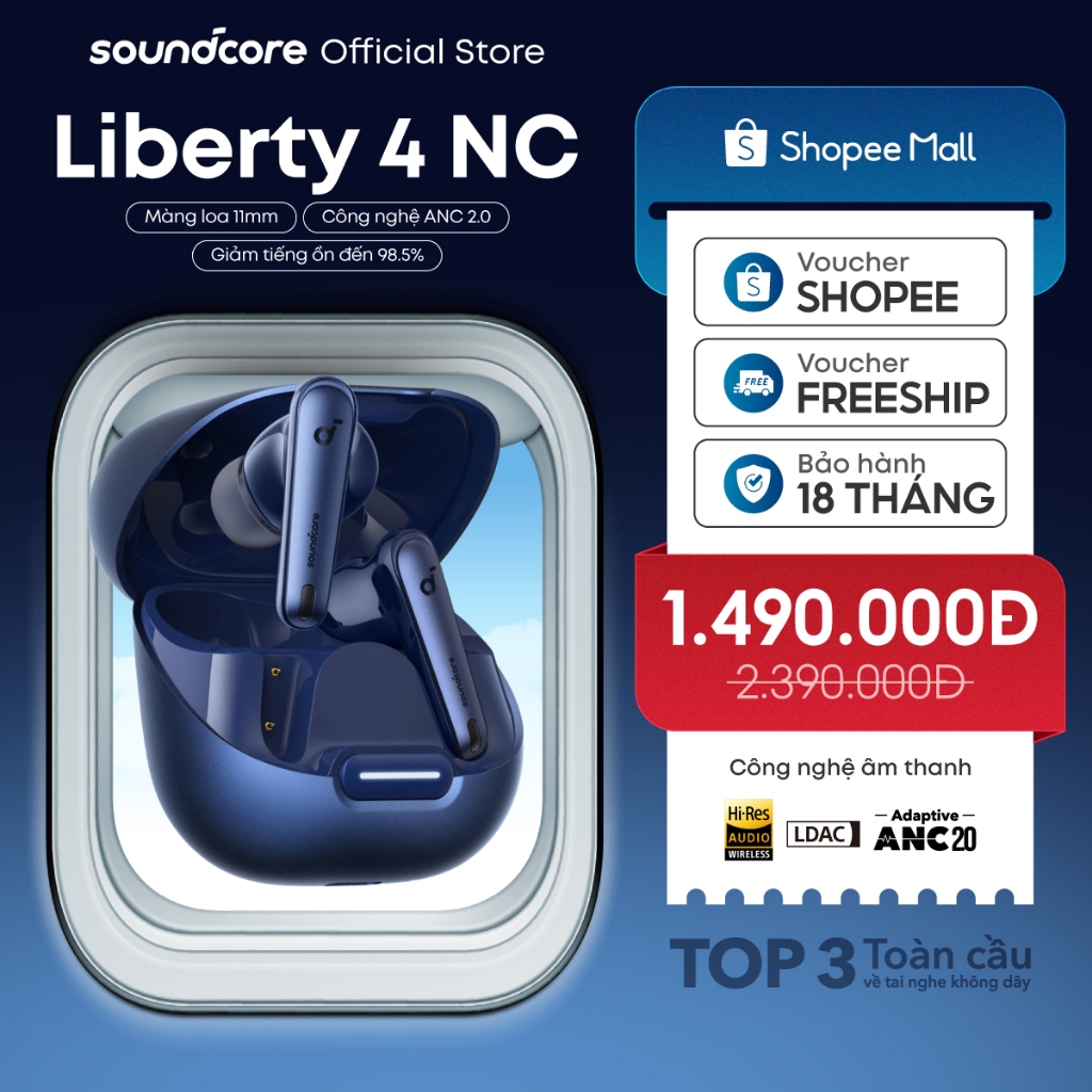 Tai nghe bluetooth soundcore Liberty 4NC | Chống ồn ANC 50 giờ phát nhạc | Sạc nhanh | Tích hợp phiên dịch