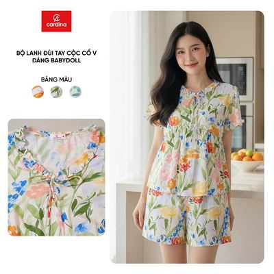 Bộ đồ mặc nhà nữ CARDINA chất liệu lanh đùi áo tay cộc cổ V dáng babydoll 6BLN05